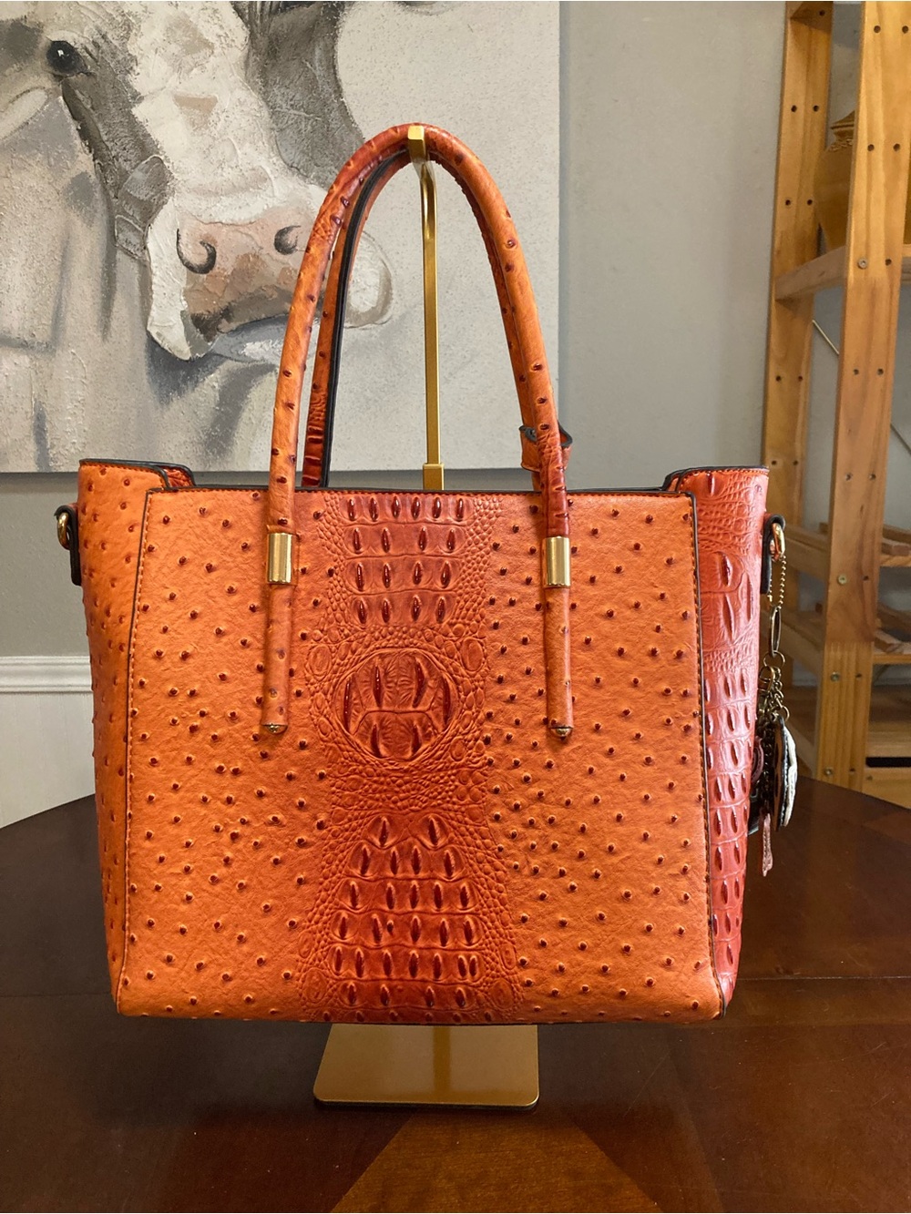 Caprese Burnt Orange Faux Ostrich Tote Zip Around Wallet & Chala Charm Set NWOT